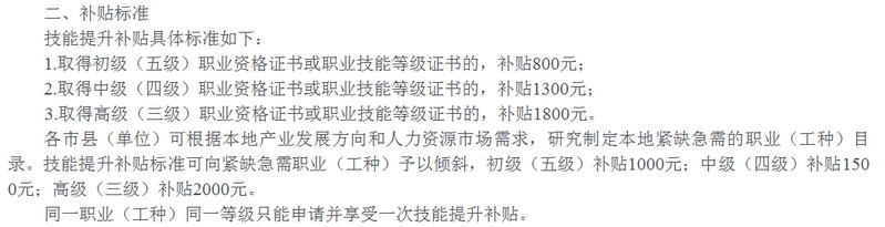 海南职业技能提升补贴发放标准 补贴标准如下