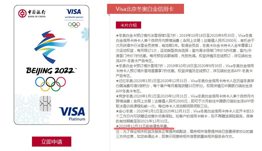 中国银行Visa北京冬奥主题信用卡免年费吗?